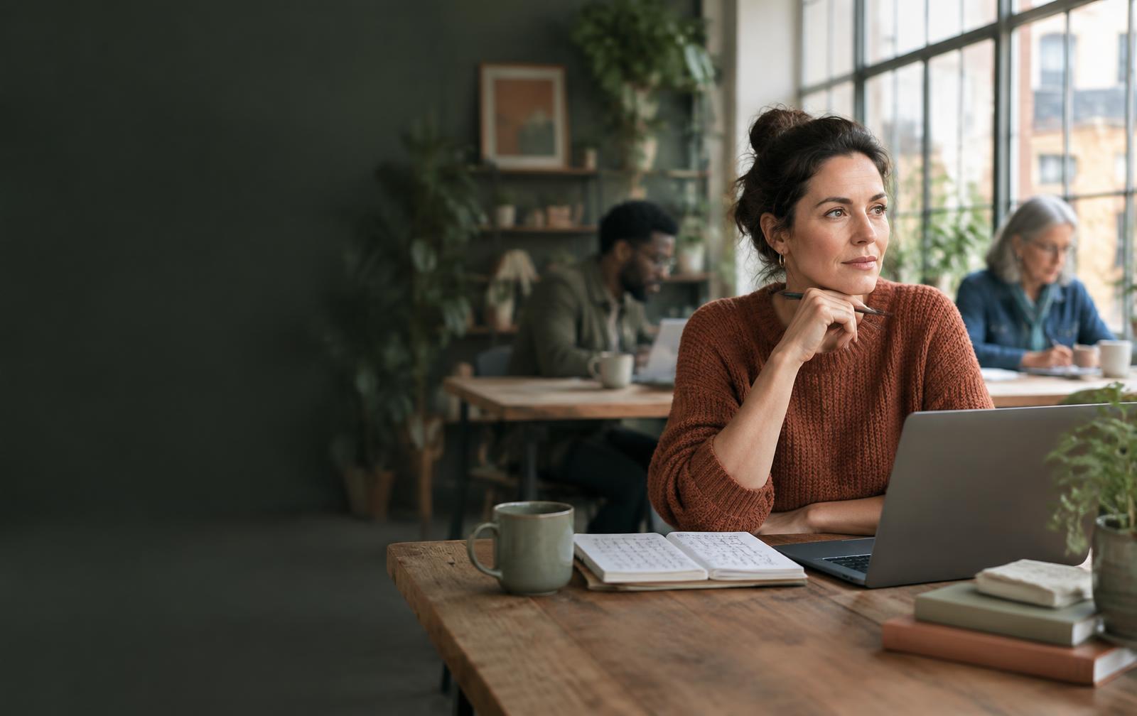 A professional planning her next career move in a shared studio
